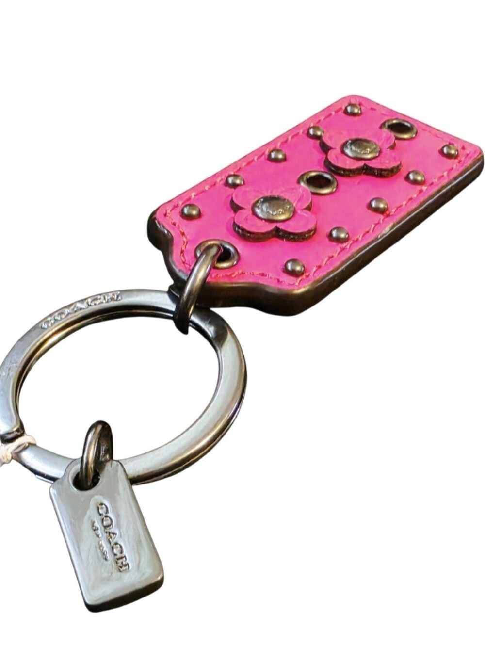 Coach Hot Pink Floral Stud Leather Keyring with Silver Hardware